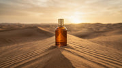 Amber glass perfume bottle with a gold cap standing on a sand dune ridge at golden hour