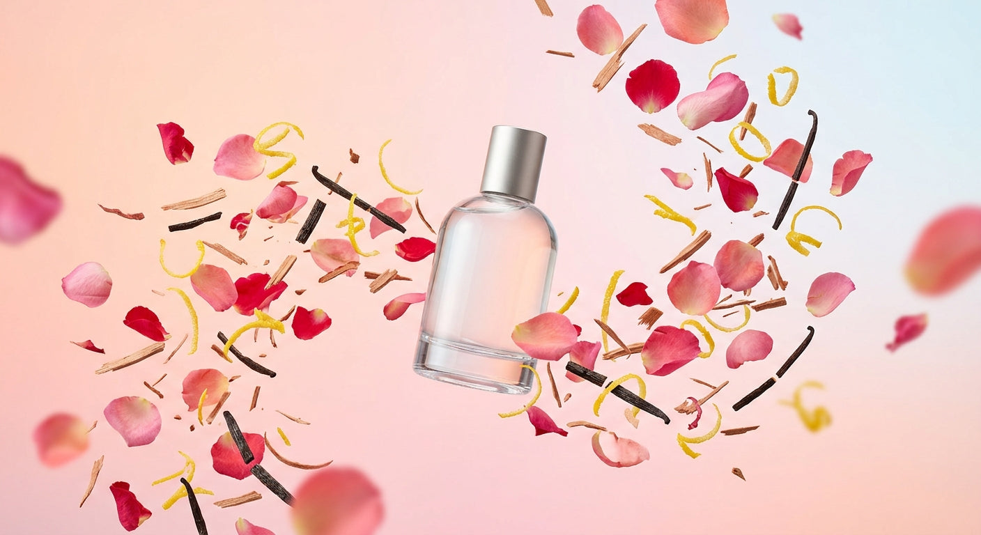 Clear glass perfume bottle floating mid-air among rose petals, cedar shavings, lemon zest and vanilla pieces