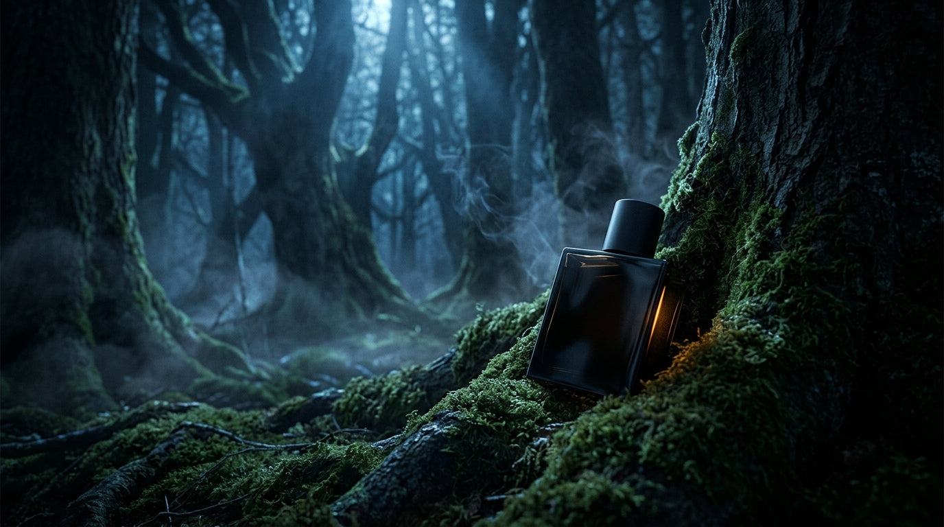 Black glass perfume bottle at the base of a mossy tree in a misty night forest