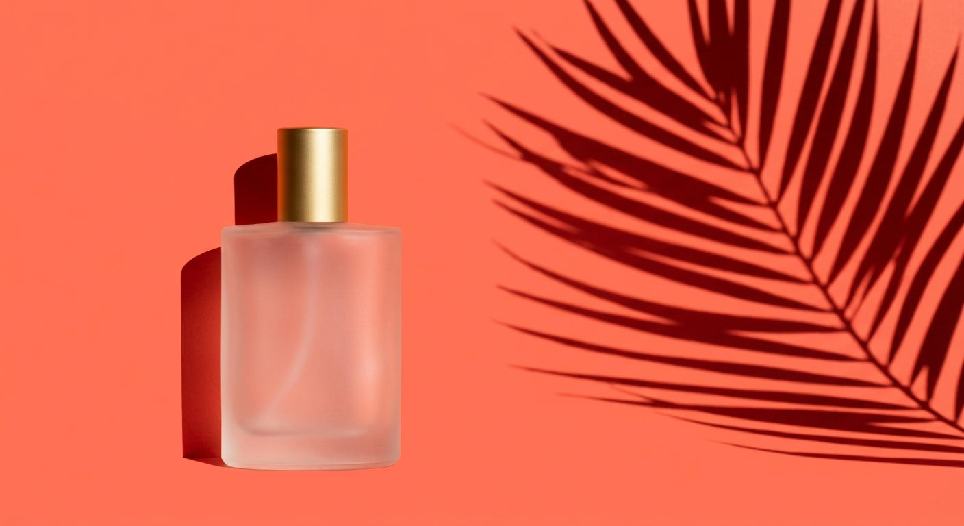 Frosted glass perfume bottle with a gold cap against a coral wall with a palm leaf shadow