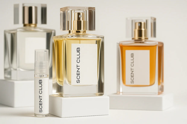 Collection of Scents Club perfume bottles on a light background