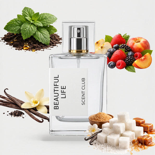 La Vie Est Belle inspired by Beautiful Life - Sweet, Vanilla, Fruity, Patchouli accord icons
