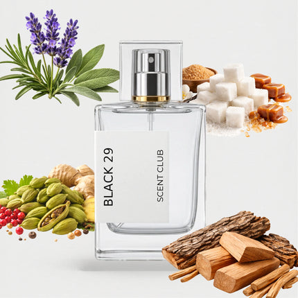 The Noir 29 inspired by Black 29 - Woody, Fresh Spicy, Sweet, Aromatic accord icons