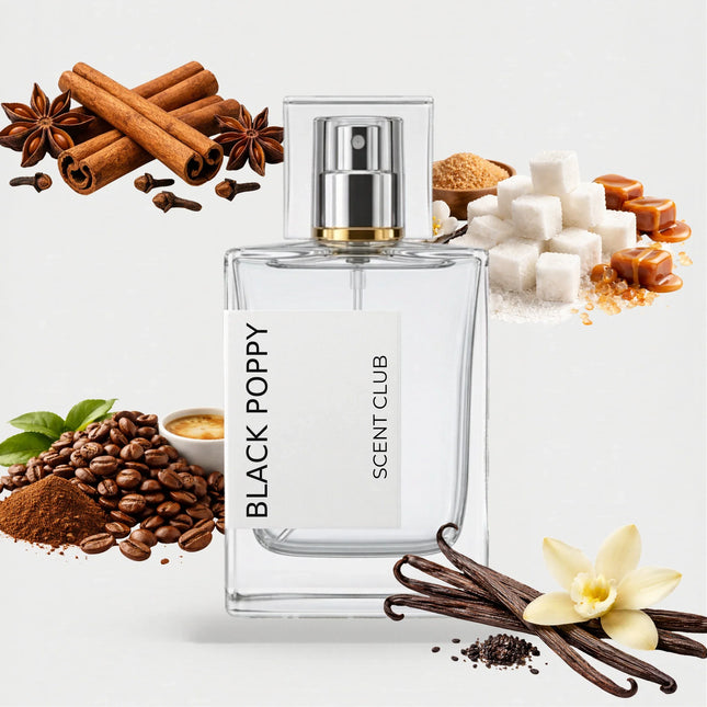 Black Opium inspired by Black Poppy - Vanilla, Coffee, Sweet, Warm Spicy accord icons