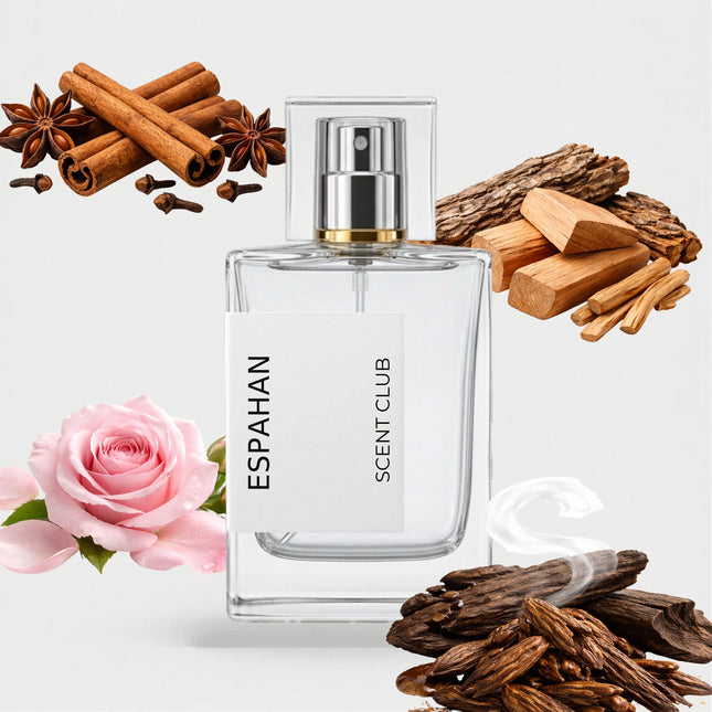 Oud Ispahan inspired by Espahan - Oud, Rose, Woody, Warm Spicy accord icons