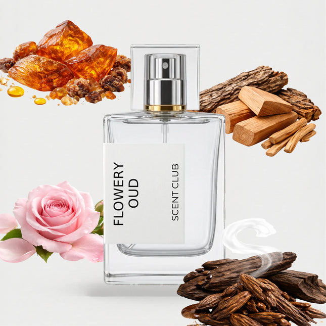 Oud Fleur inspired by Flowery Oud - Oud, Rose, Woody, Amber accord icons