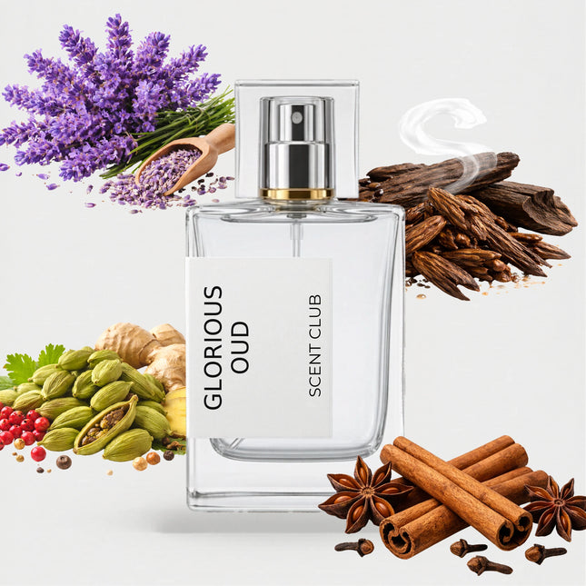 Oud For Greatness inspired by Glorious Oud - Warm Spicy, Fresh Spicy, Oud, Lavender accord icons