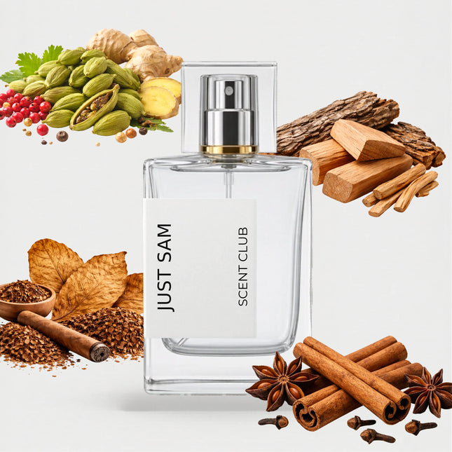 The Blazing Mr Sam inspired by Just Sam - Warm Spicy, Tobacco, Woody, Fresh Spicy accord icons