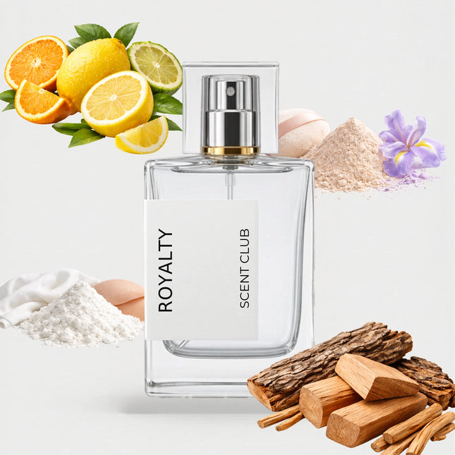 Royal Oud inspired by Royalty - Woody, Musky, Powdery, Citrus accord icons