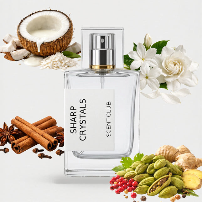 Crystal Noir inspired by Sharp Crystals - Fresh Spicy, Warm Spicy, White Floral, Coconut accord icons