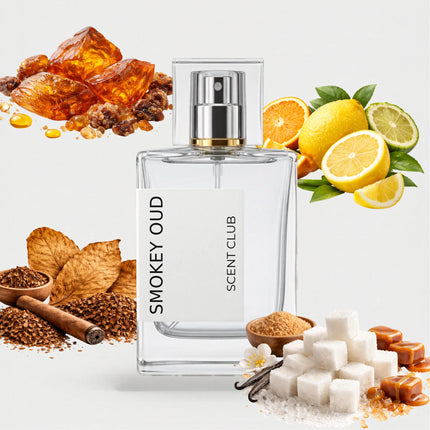 Oud Tobacco inspired by Smokey Oud - Sweet, Tobacco, Citrus, Amber accord icons