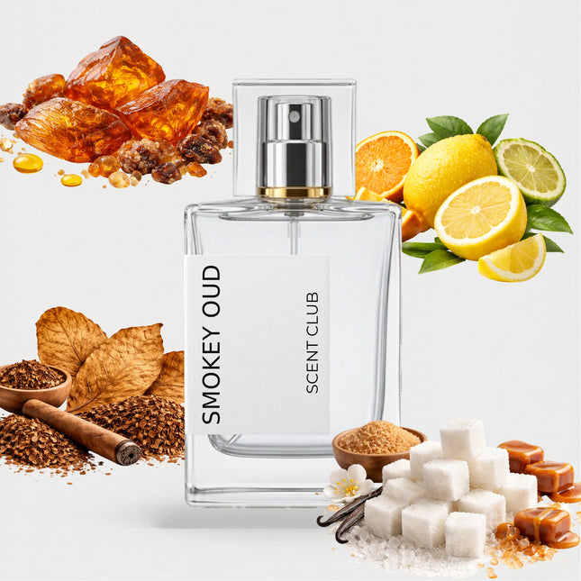 Oud Tobacco inspired by Smokey Oud - Sweet, Tobacco, Citrus, Amber accord icons