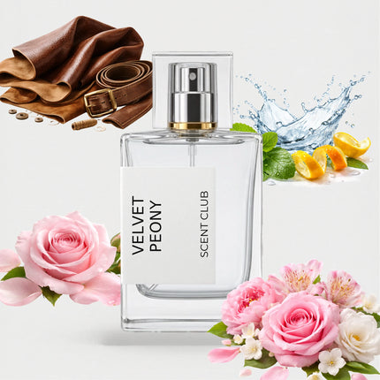 Peony & Blush Suede Cologne inspired by Velvet Peony - Floral, Rose, Fresh, Leather accord icons